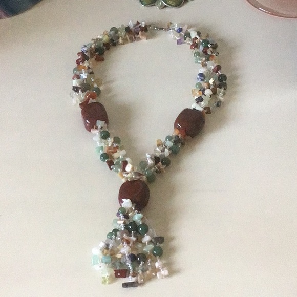 Semiprecious colored stone tassel necklace with 3 large beads - Picture 1 of 2